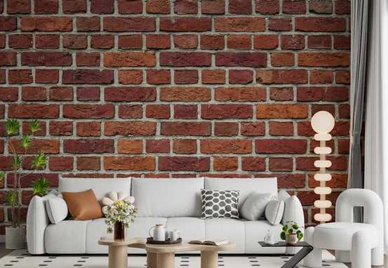 Living room finished with Rustic Red Brick wall mural in warm masonry tones