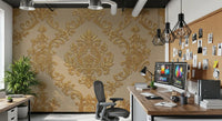 Beige gold damask mural with detailed floral scrollwork pattern