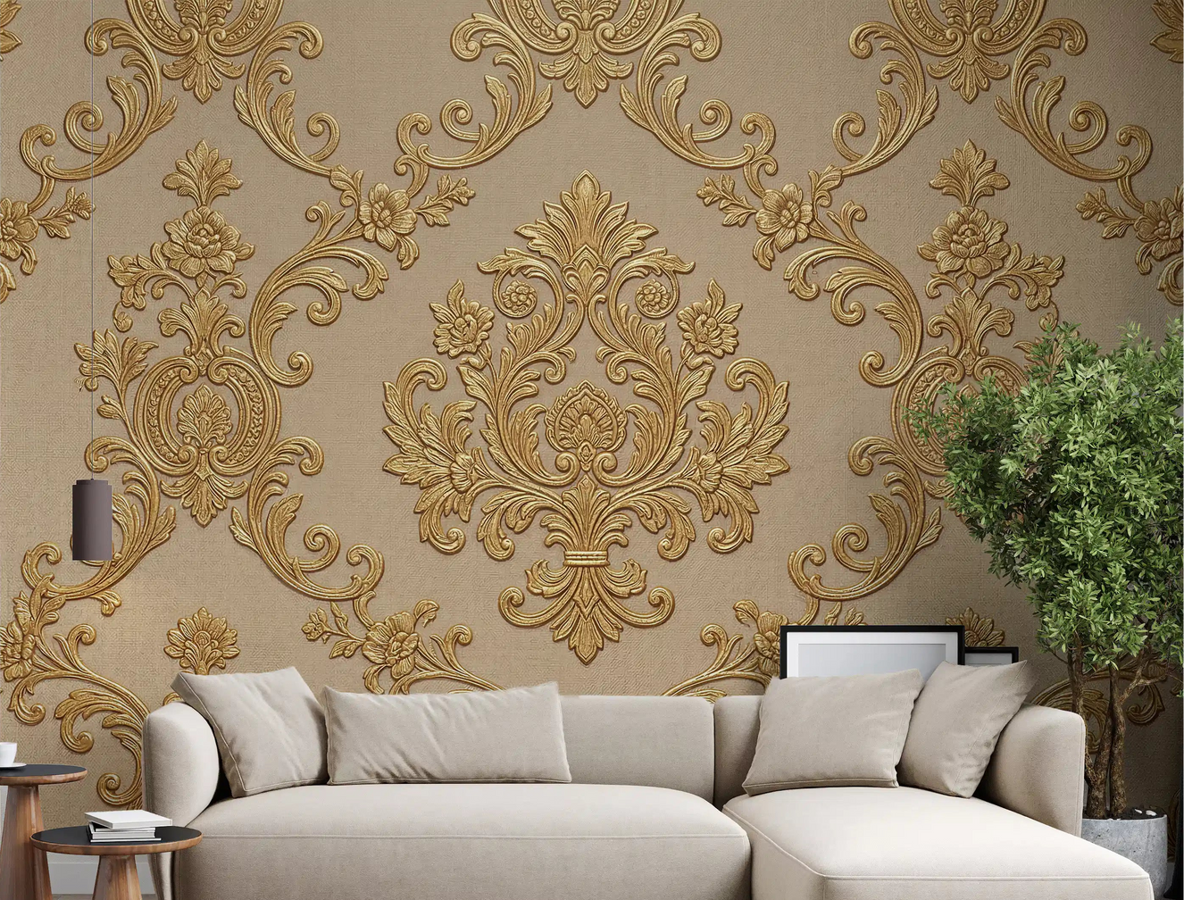 Living room wall featuring floral elegance mural with damask scroll detail