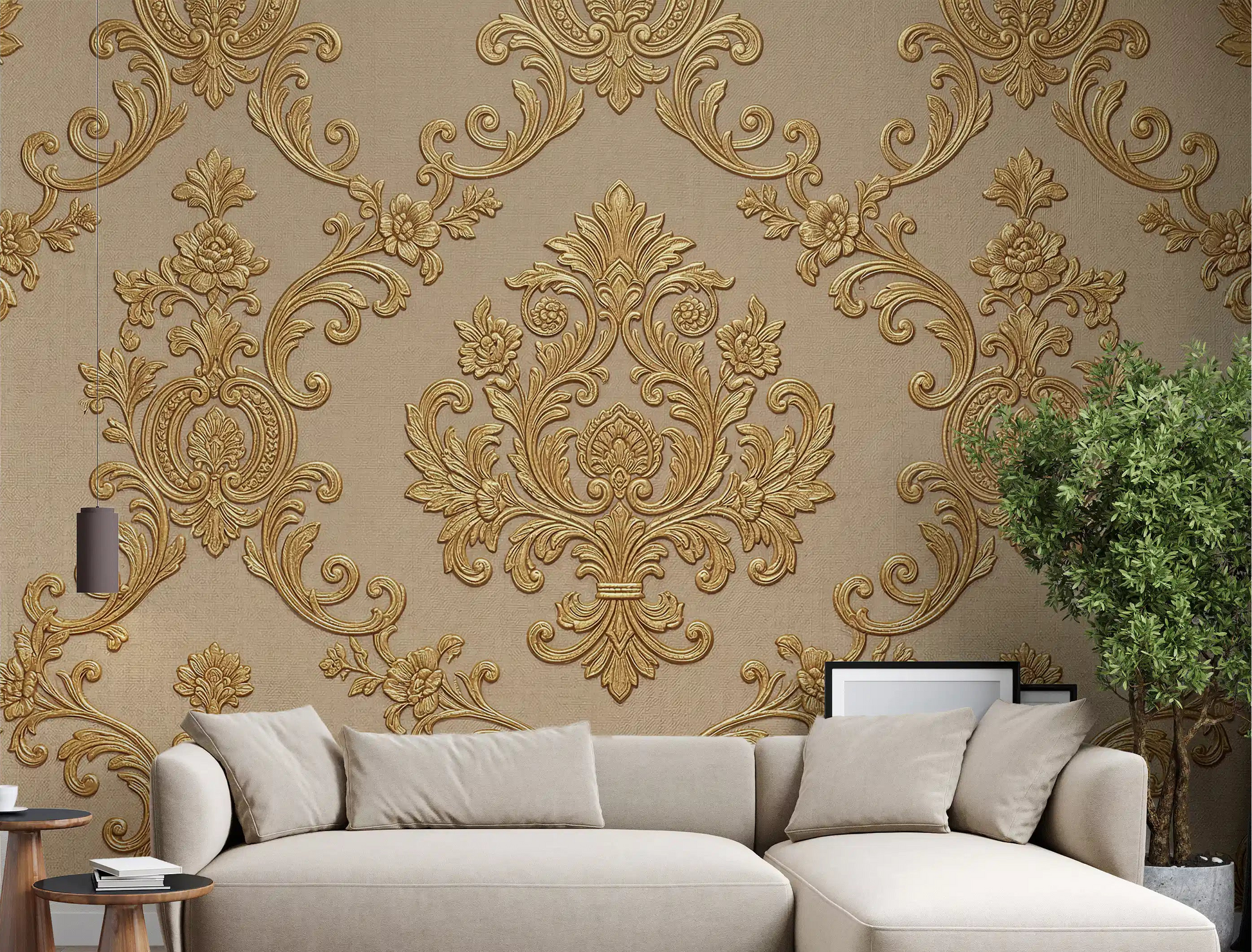 Living room wall featuring floral elegance mural with damask scroll detail