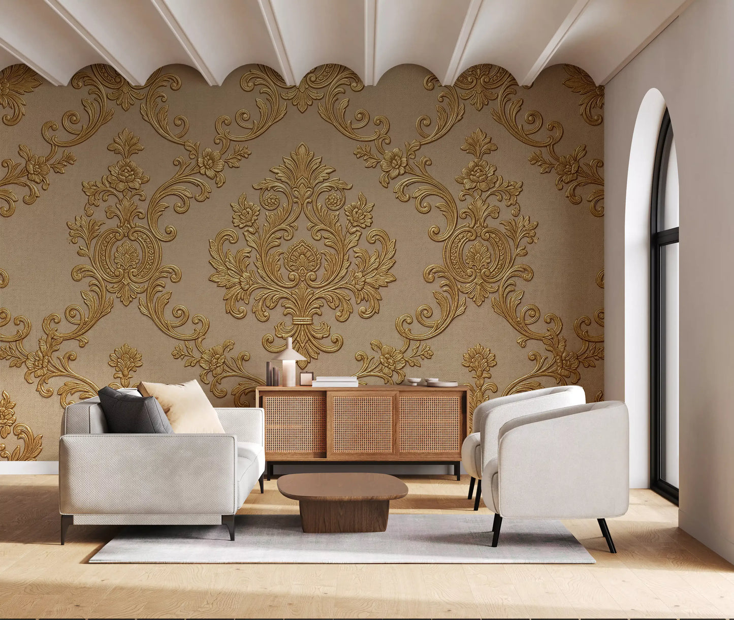 Ornate gold mural with damask floral shapes and scroll detailing