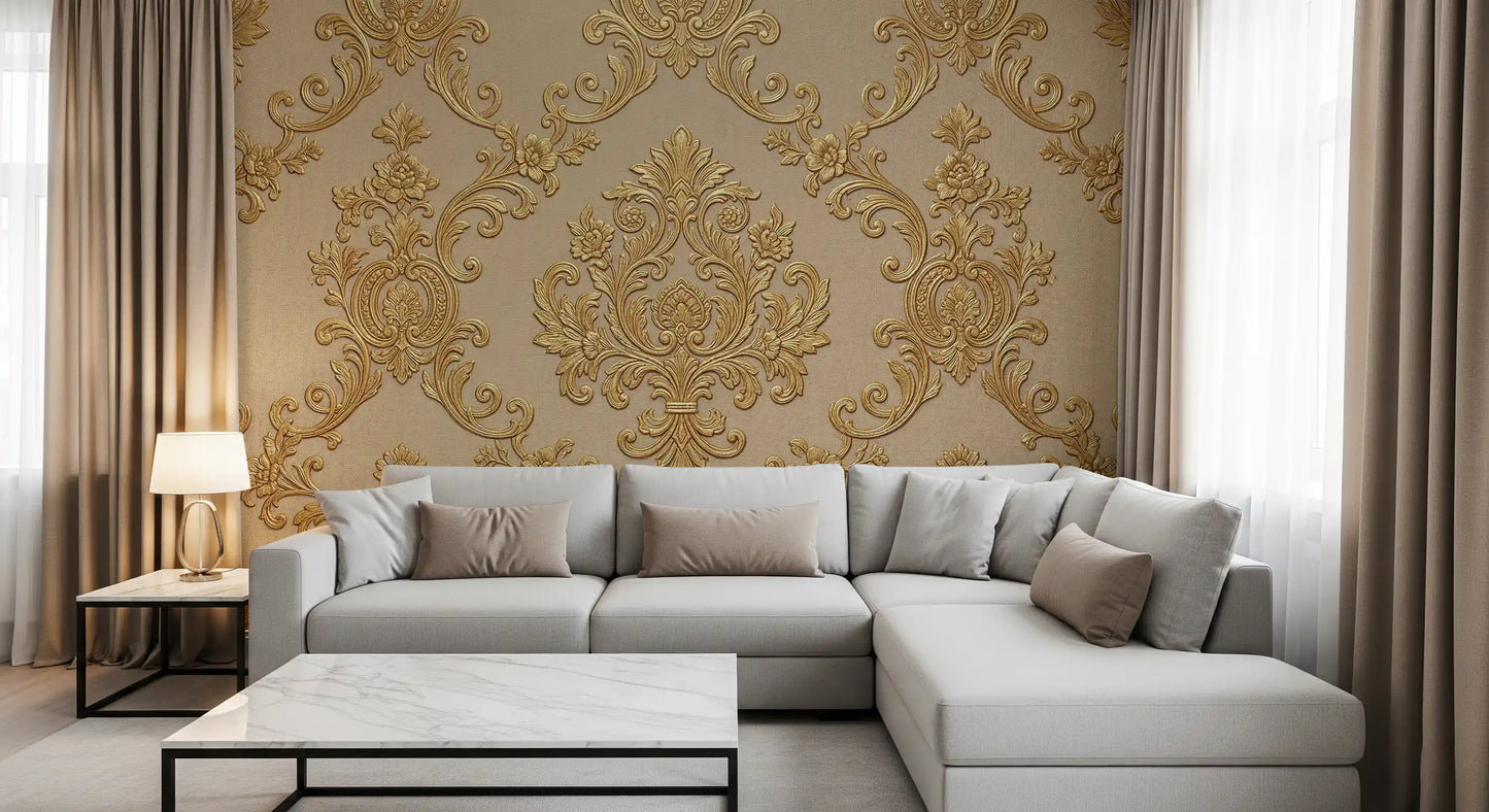 Gilded scrollwork wall mural with balanced decorative repeat