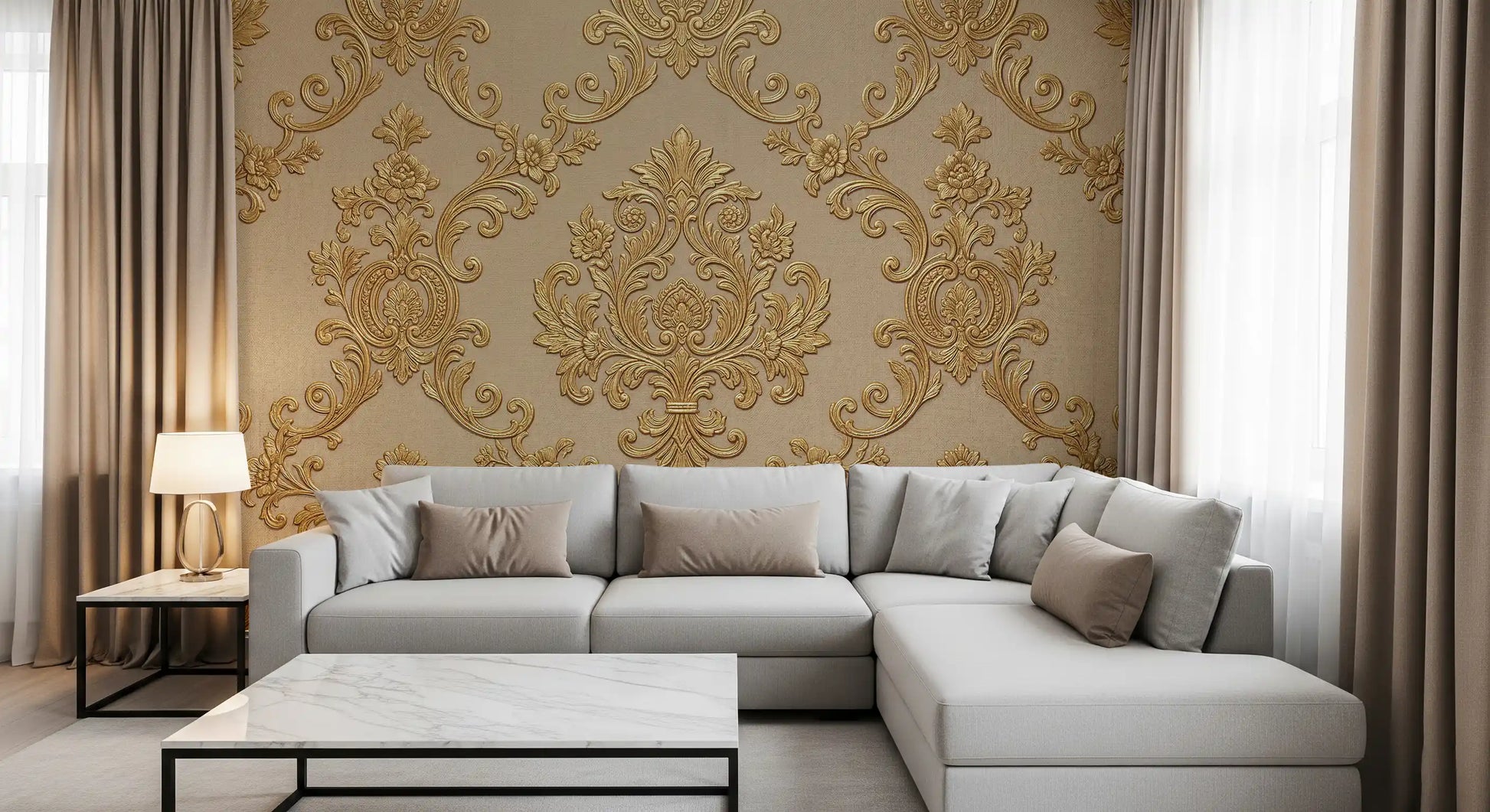 Gilded scrollwork wall mural with balanced decorative repeat