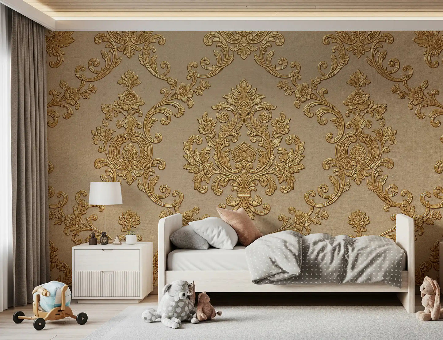 Kids room wall decorated with gilded floral elegance mural pattern