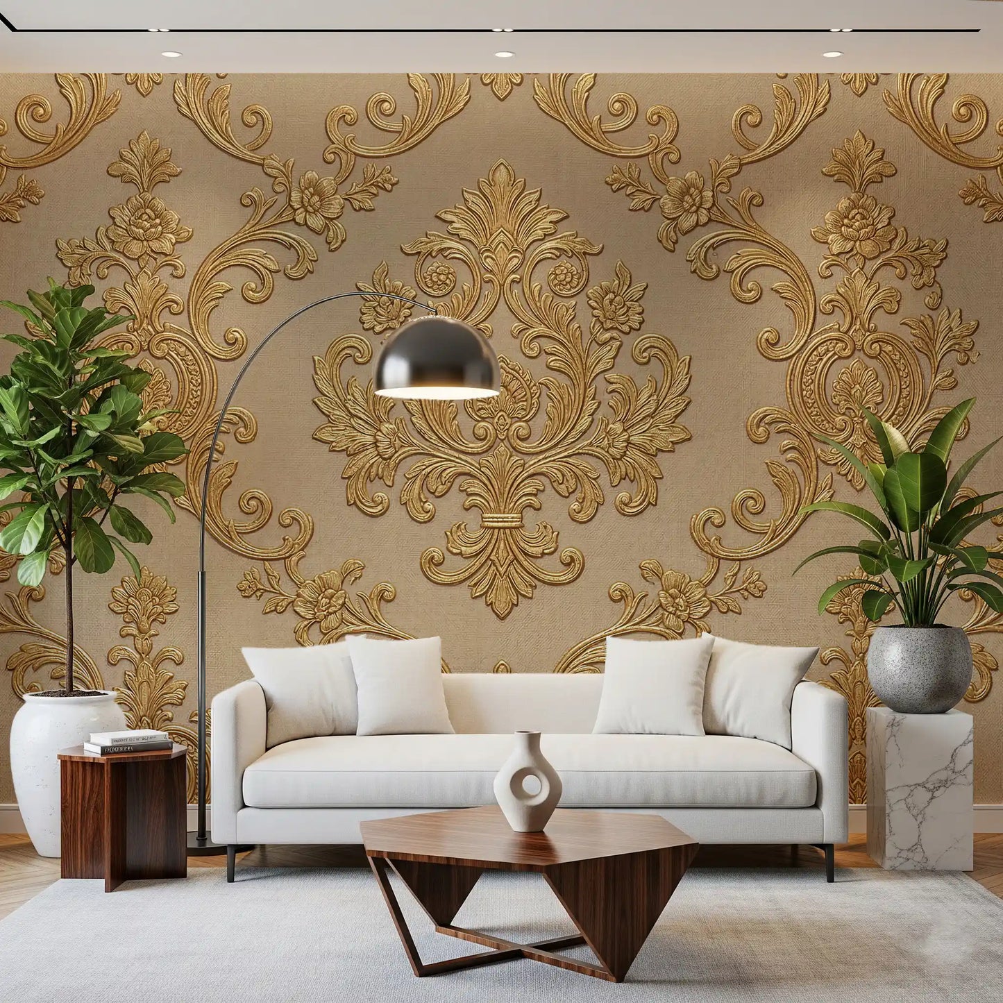 Hallway styled with gilded floral wall mural in beige gold tones