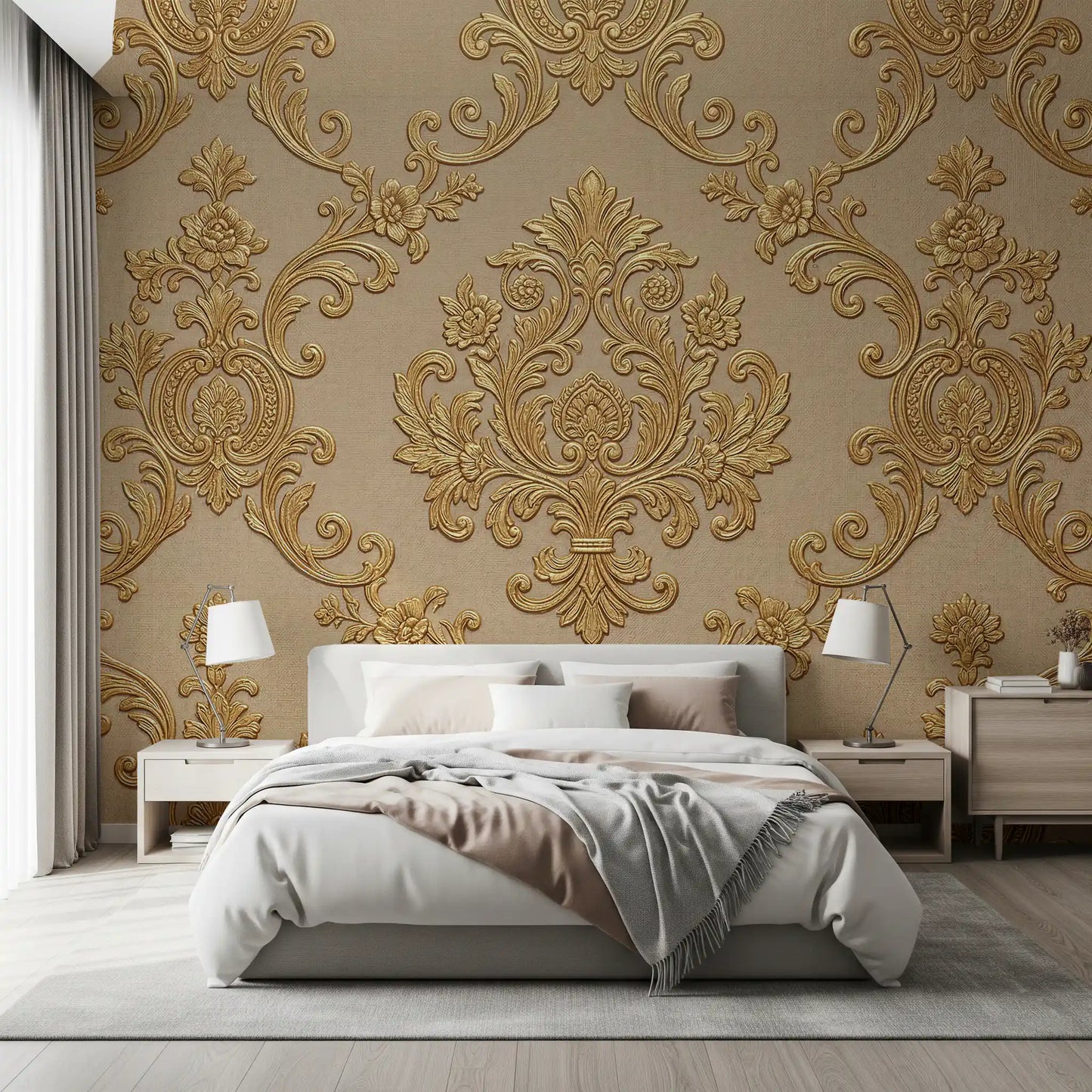 Classic floral wall mural with gold ornament and soft beige texture