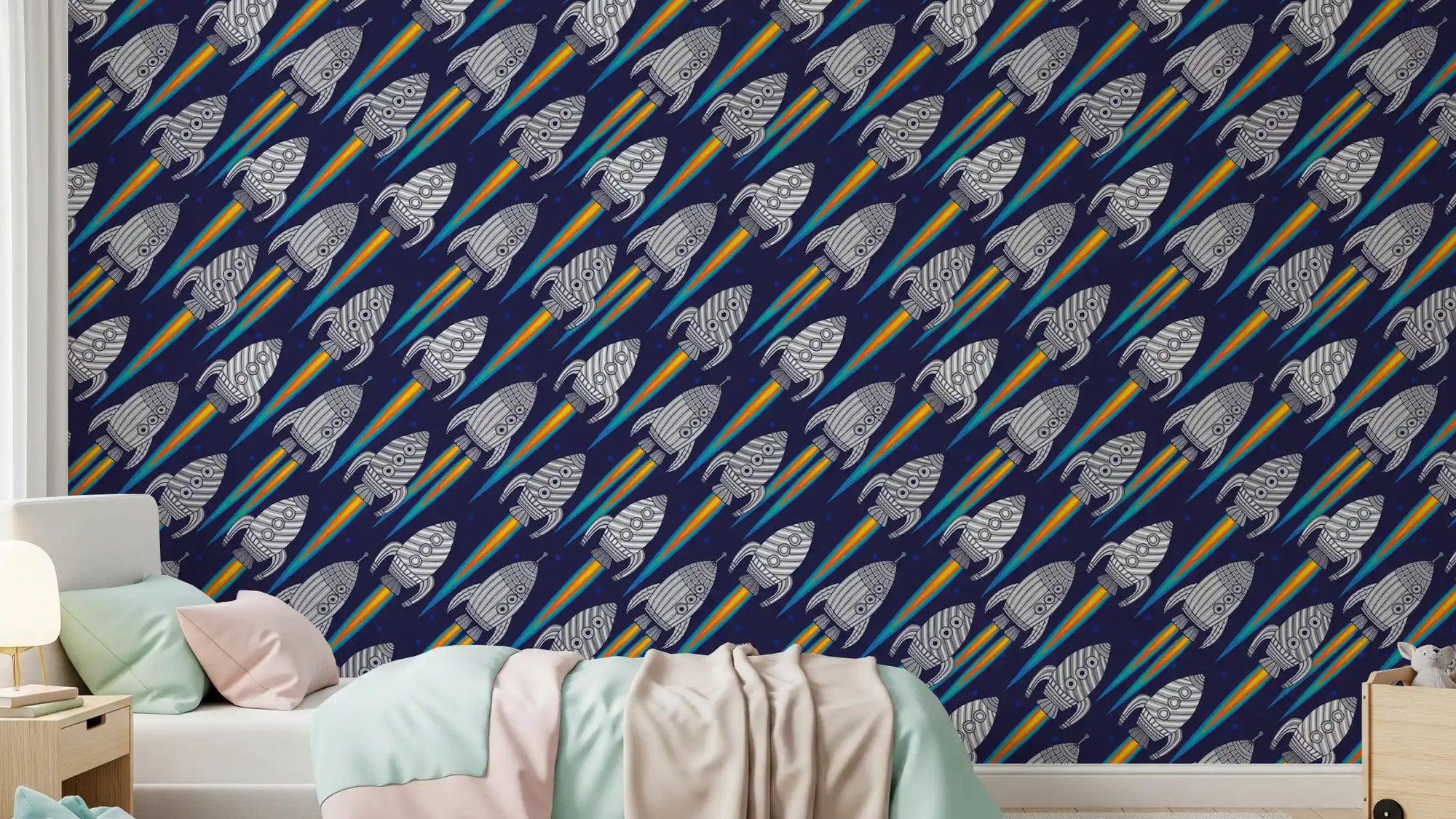 Kids room with Blast Off rockets wallpaper and rainbow space trails