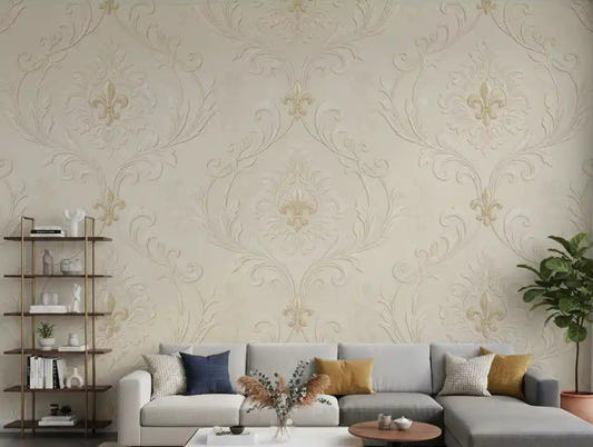 Living room styled with Regal scrollwork mural in beige damask tones