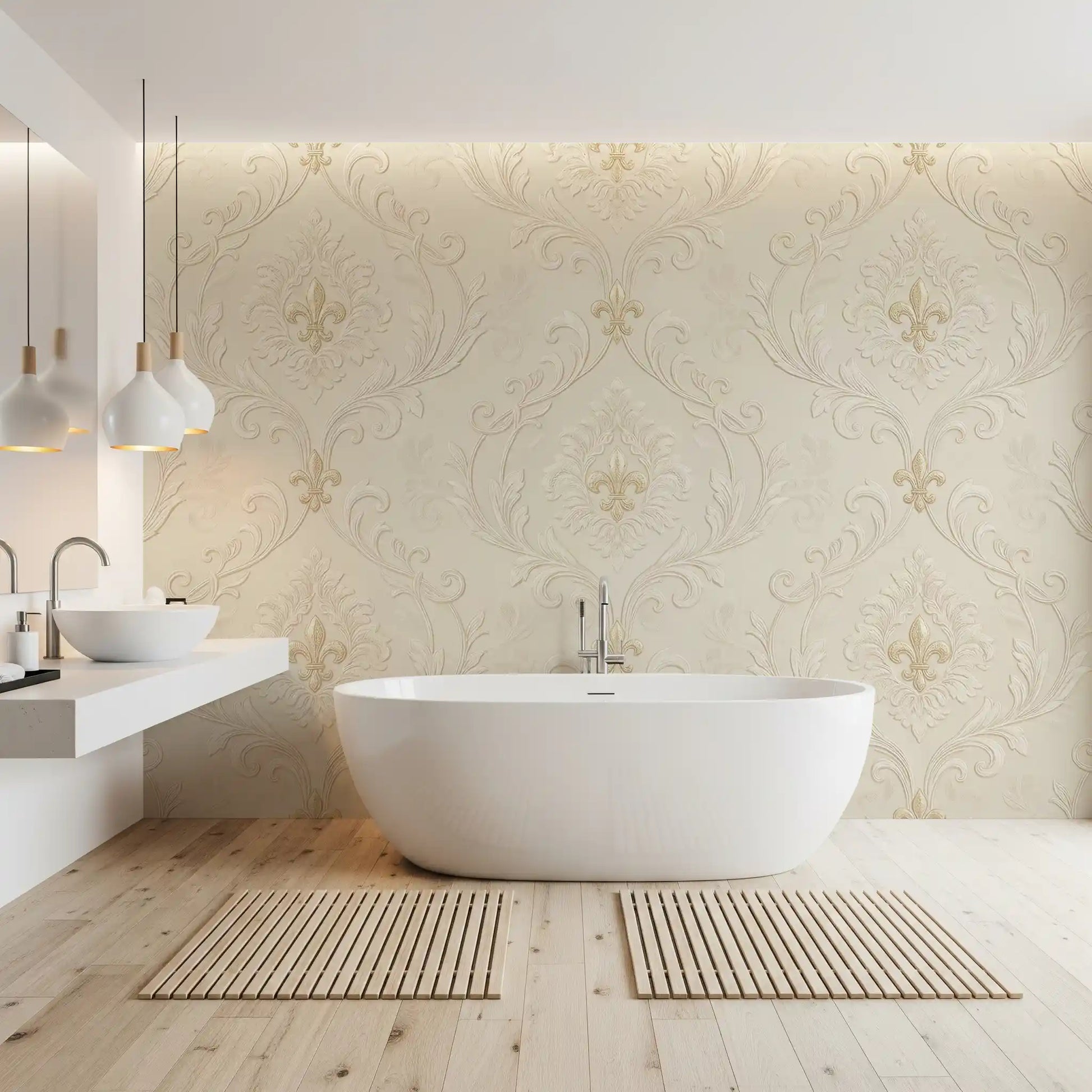 Bathroom wall featuring scrollwork elegance mural with floral detail