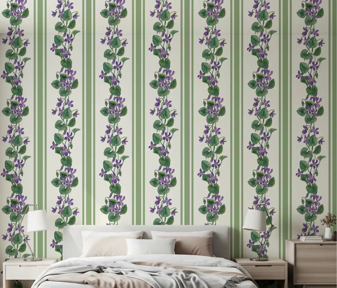 Bedroom styled in Stripes Violets Wallpaper with green floral bands