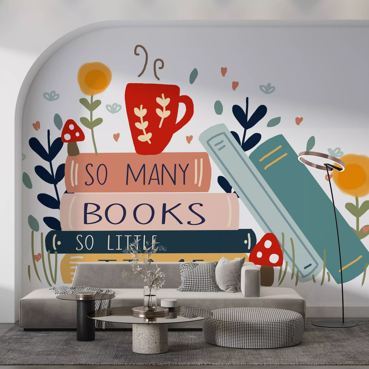 Stacked books, red mug, and mushrooms drawn into So Many Books So Little Time wall mural