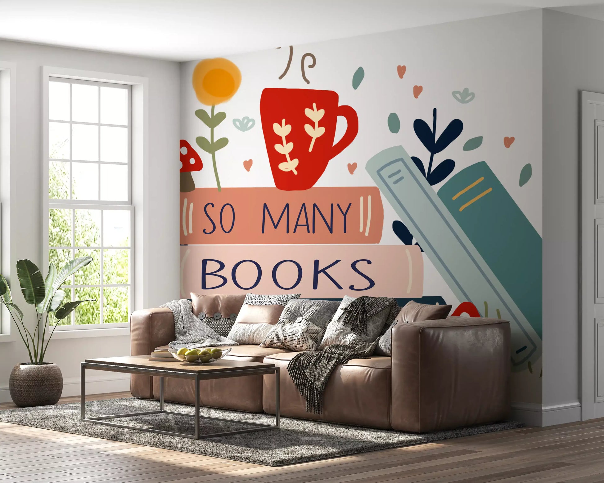 Whimsical bookworm artwork carrying So Many Books So Little Time wall mural
