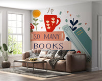 Whimsical bookworm artwork carrying So Many Books So Little Time wall mural