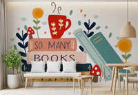 Coral, mustard, navy, and sage palette running through So Many Books wall mural