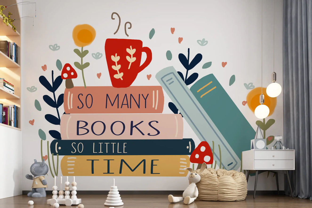 Hand-lettered reading quote sitting on Books So Little Time wall mural