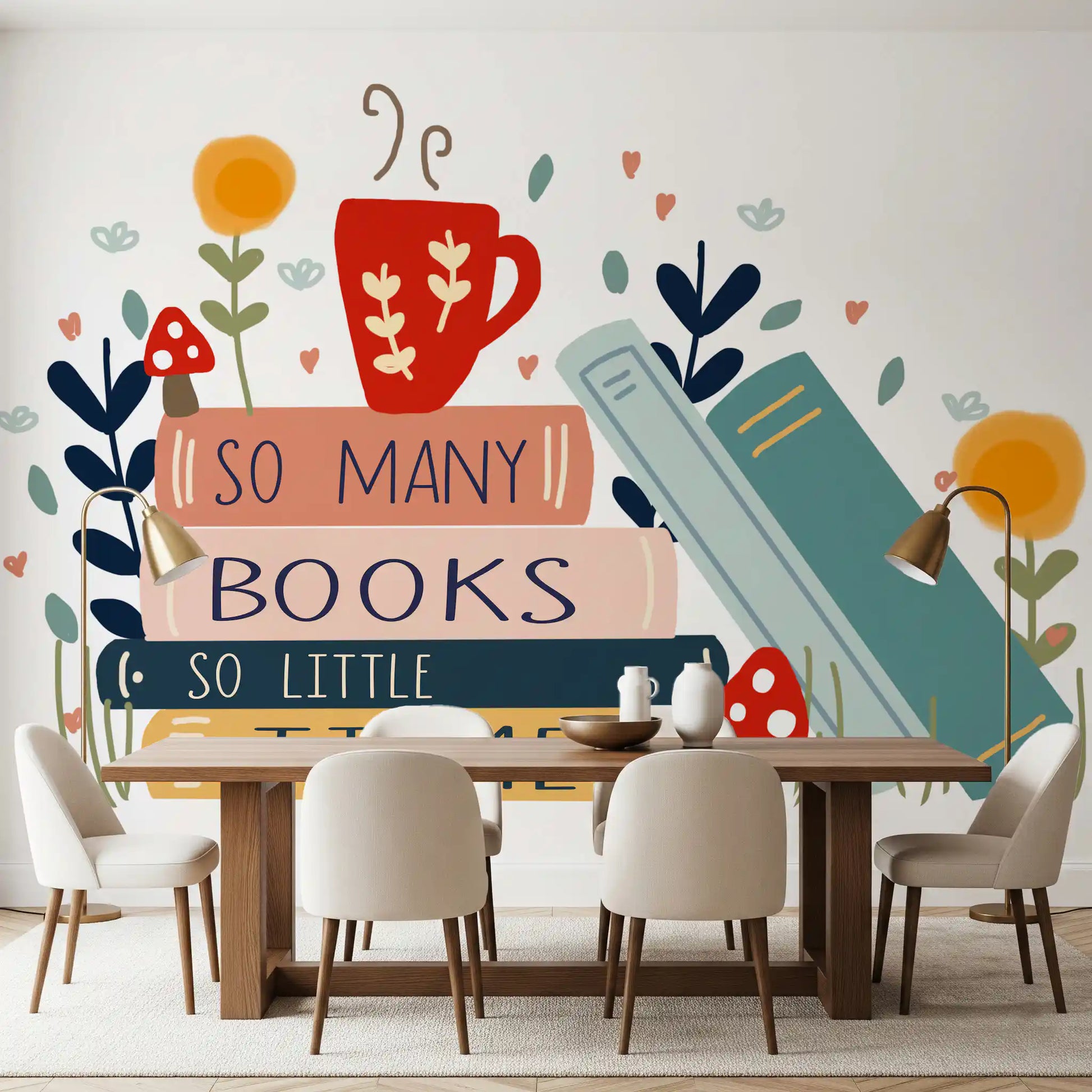 Cosy dining area corner showing So Many Books wall mural with mug and toadstools
