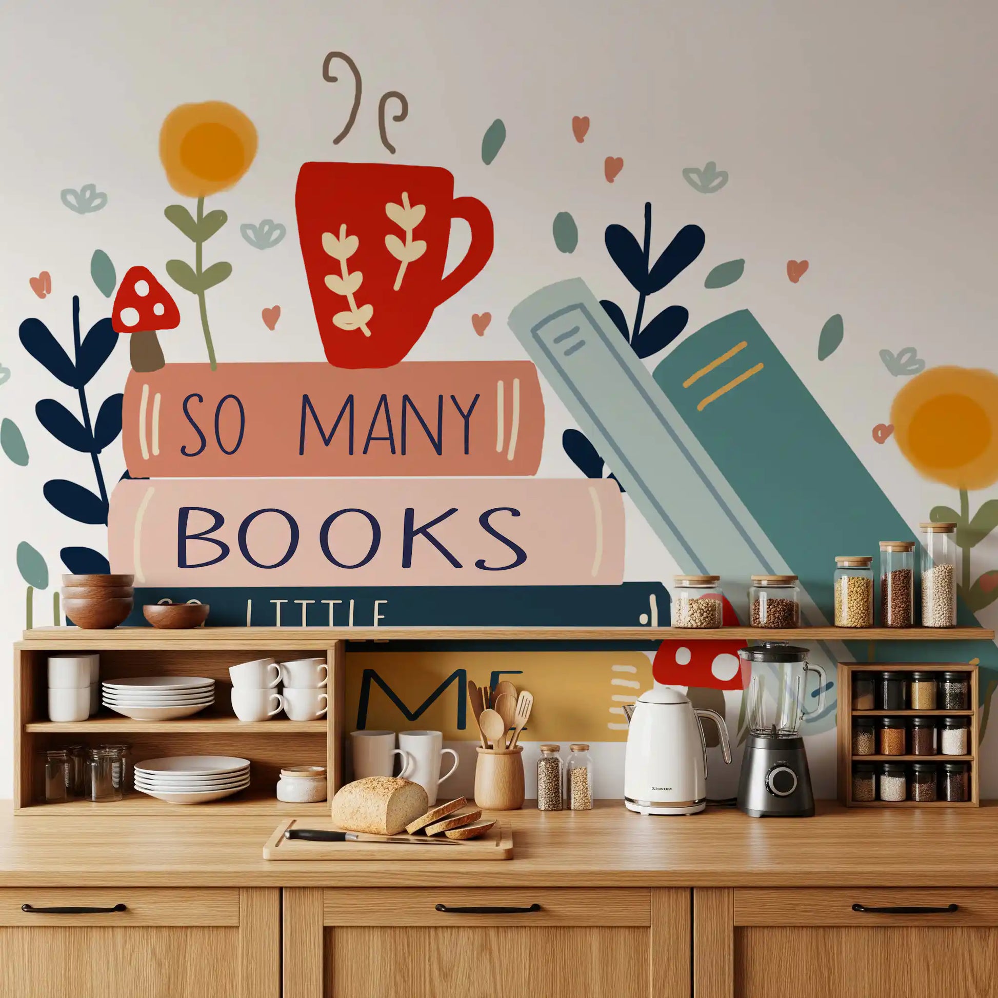 Kitchen wall framed by Books So Little Time wall mural illustration