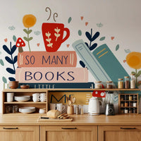 Kitchen wall framed by Books So Little Time wall mural illustration