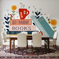 Reading nook backdrop with So Many Books So Little Time wall mural and book stack