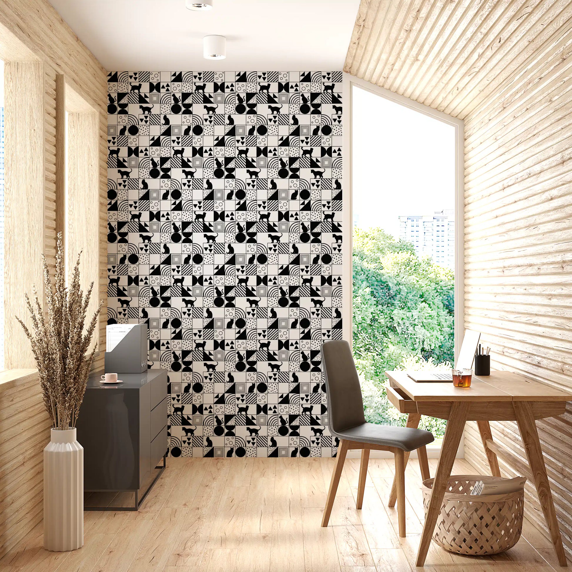 Office dressed with Cat Maze wallpaper showing geometric grid blocks