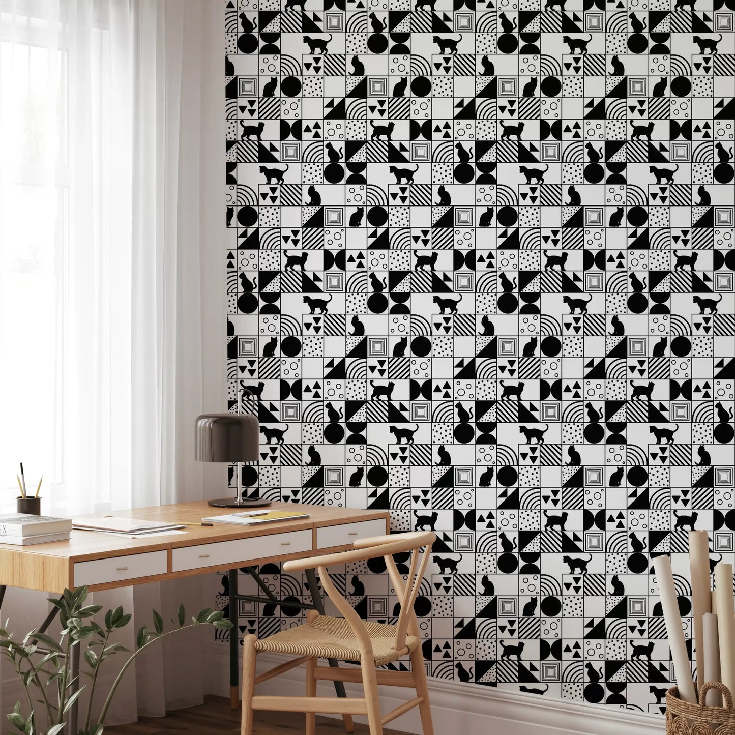 Dining room wall set in Monochrome Cat Maze wallpaper of cats and shapes