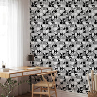 Dining room wall set in Monochrome Cat Maze wallpaper of cats and shapes