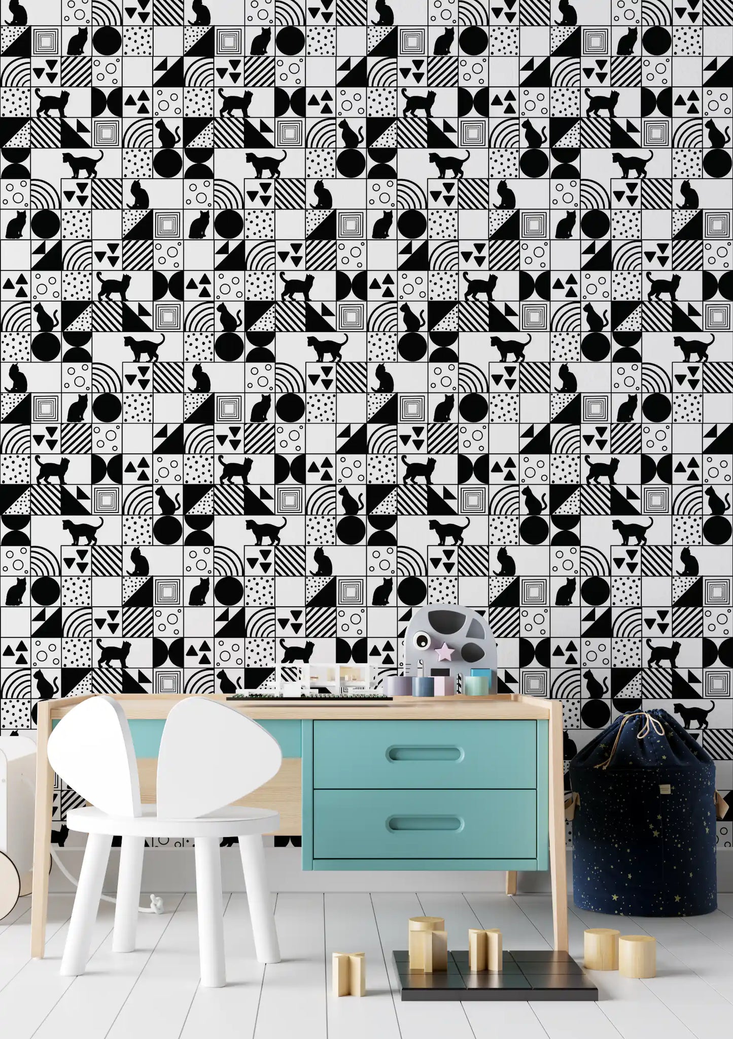 Bold black-and-white grid shaping the Monochrome Cat Maze wallpaper design
