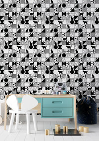 Bold black-and-white grid shaping the Monochrome Cat Maze wallpaper design
