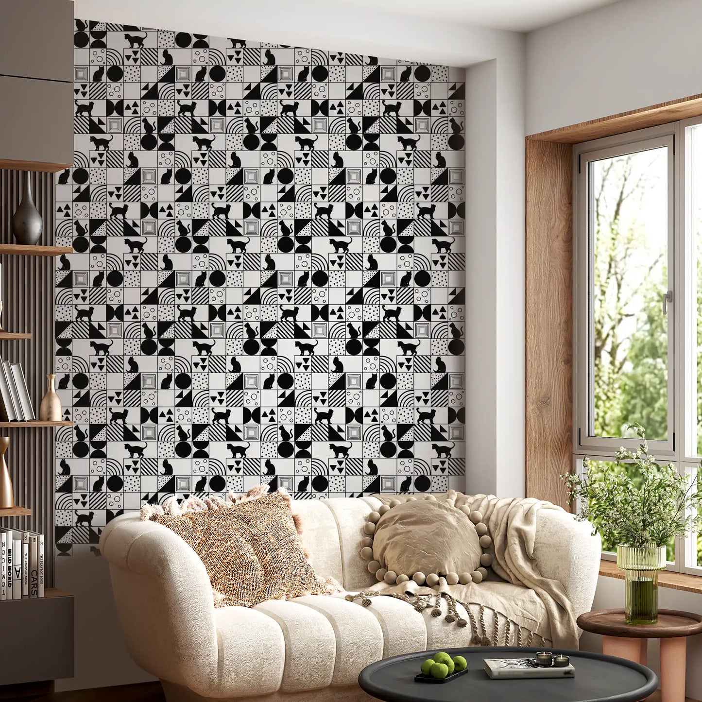 Hallway feature wall styled in Monochrome Cat Maze wallpaper artwork
