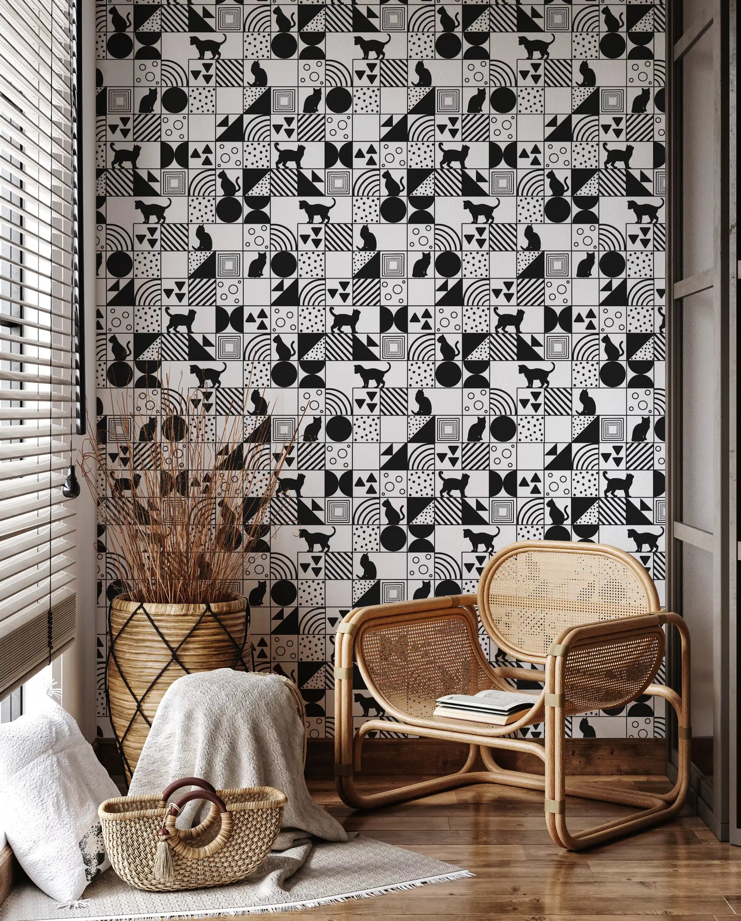 Study room corner finished with Cat Maze wallpaper grid layout