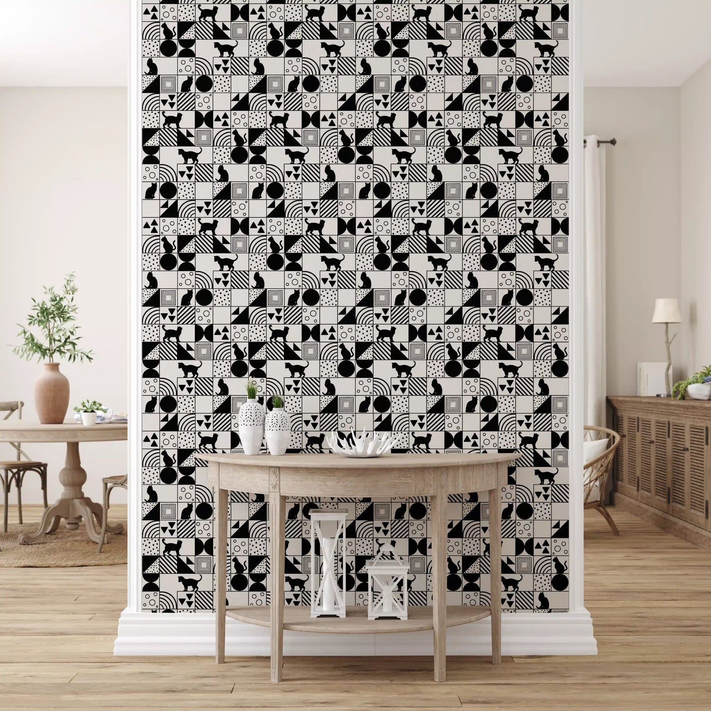Striped panels and feline figures on Cat Maze wallpaper artwork
