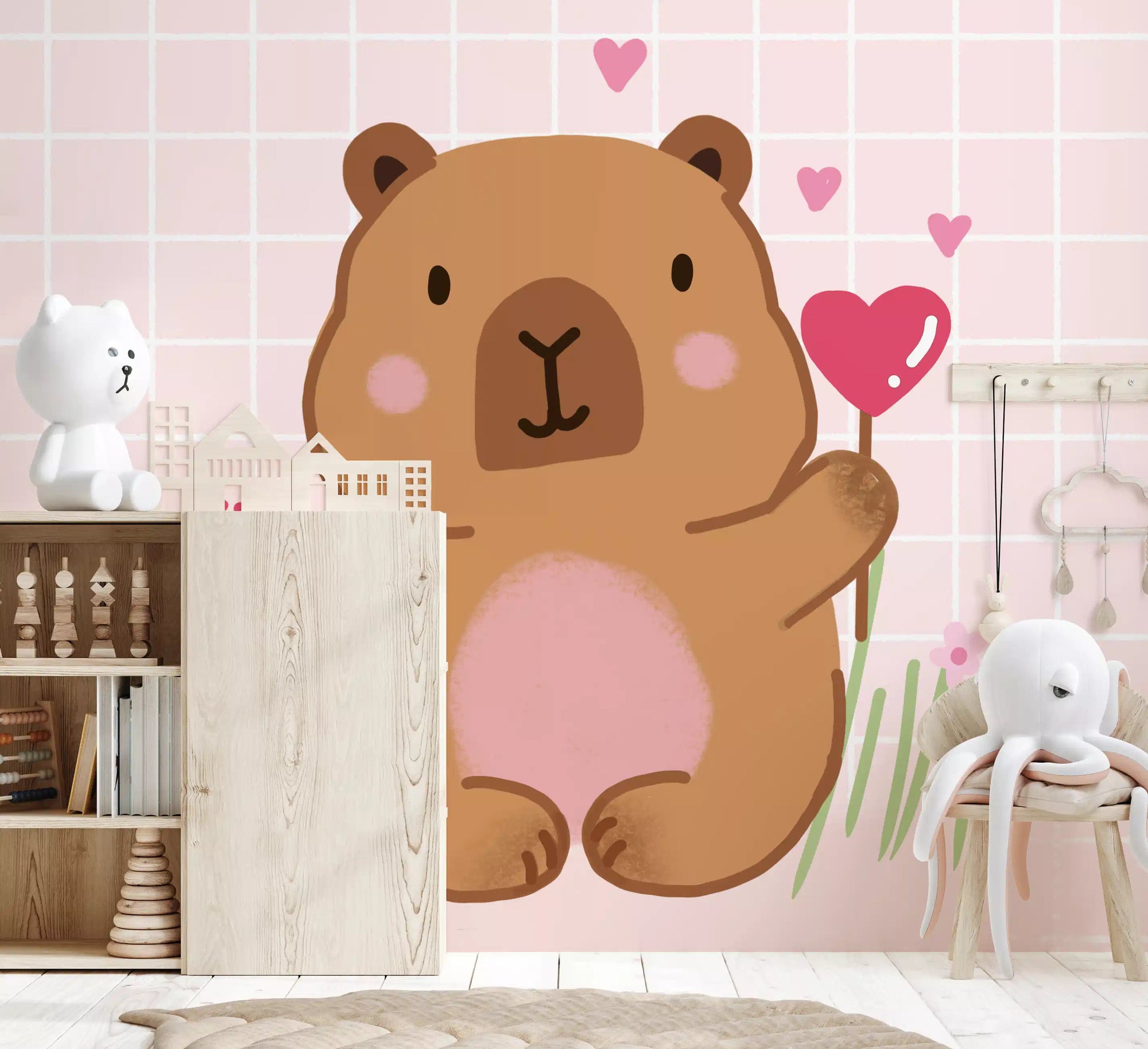 Pastel flowers and grass tufts running through Capybara in Love wall mural