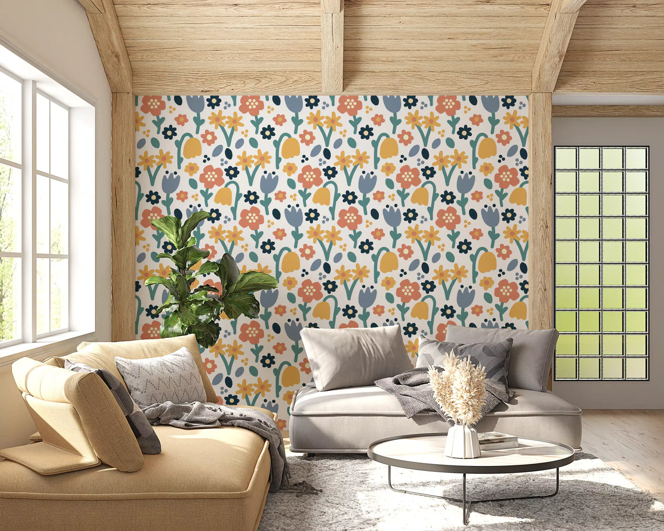 Hallway feature wall styled in Playful Meadow wallpaper artwork