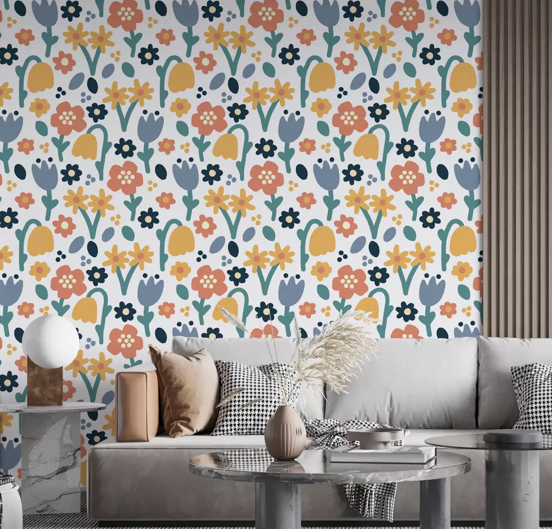 Living room wall finished in Playful Meadow wallpaper with mixed bloom shapes