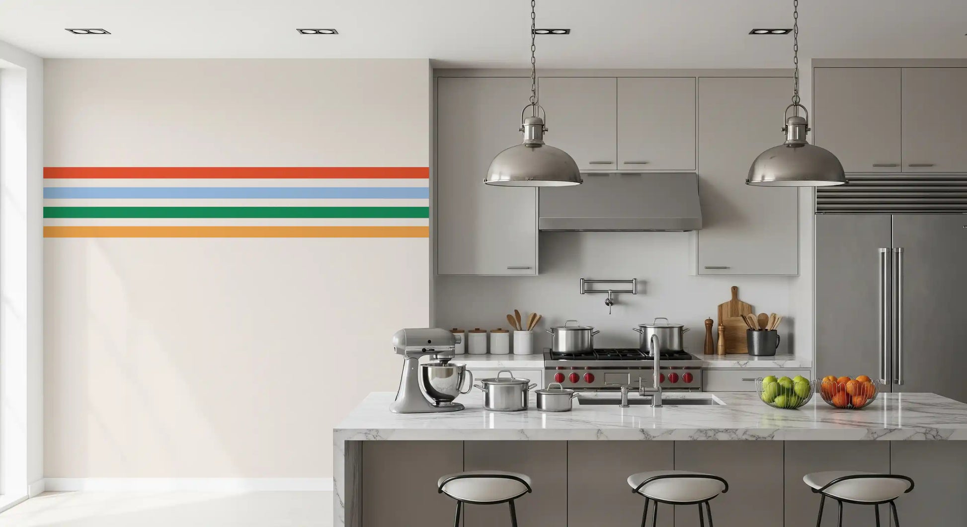 Kitchen room corner finished with Retro Vibe Stripes wall mural and clean banding
