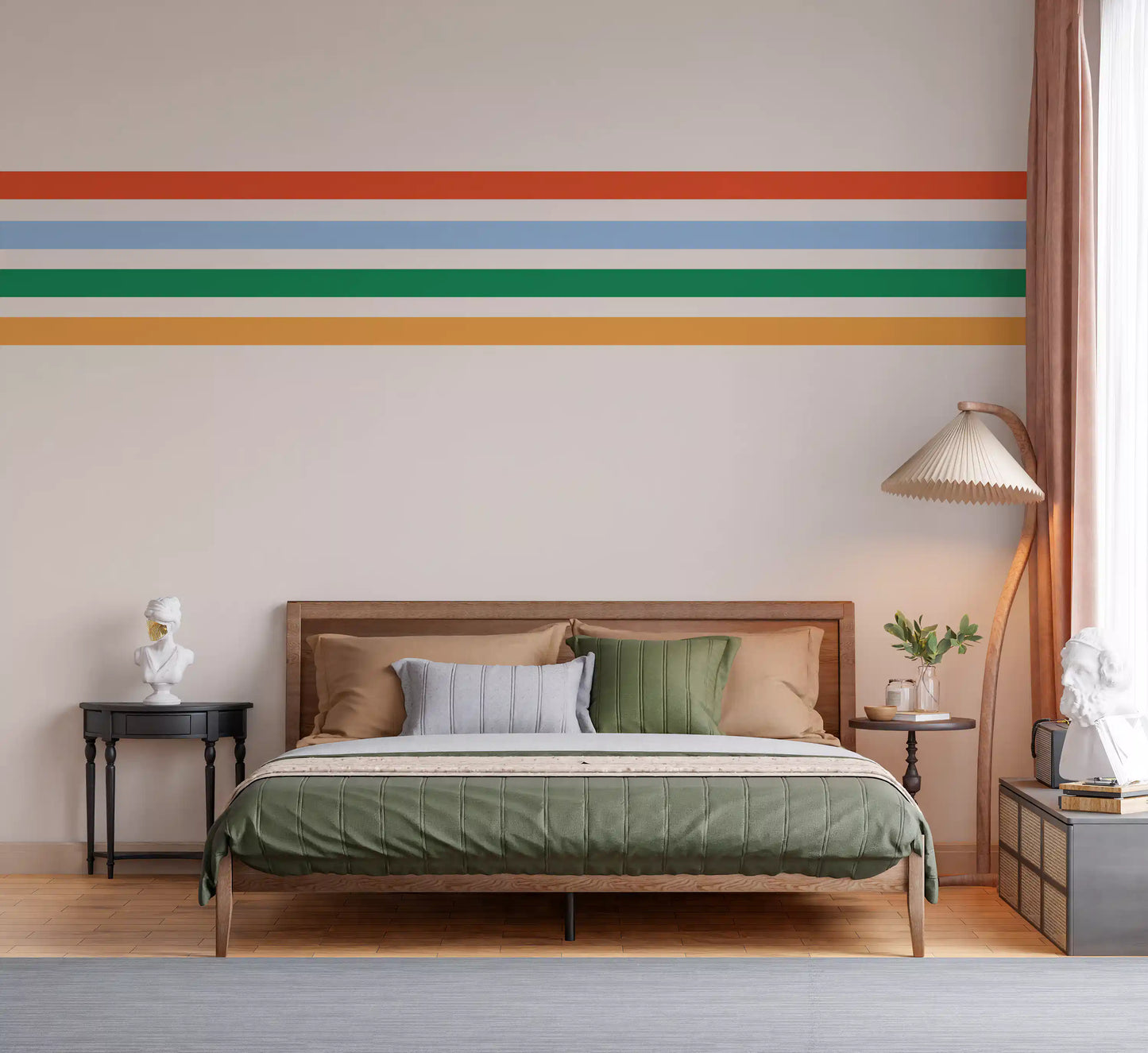 Red, sky blue, green, and yellow lines crossing Retro Vibe Horizontal Stripes wall mural