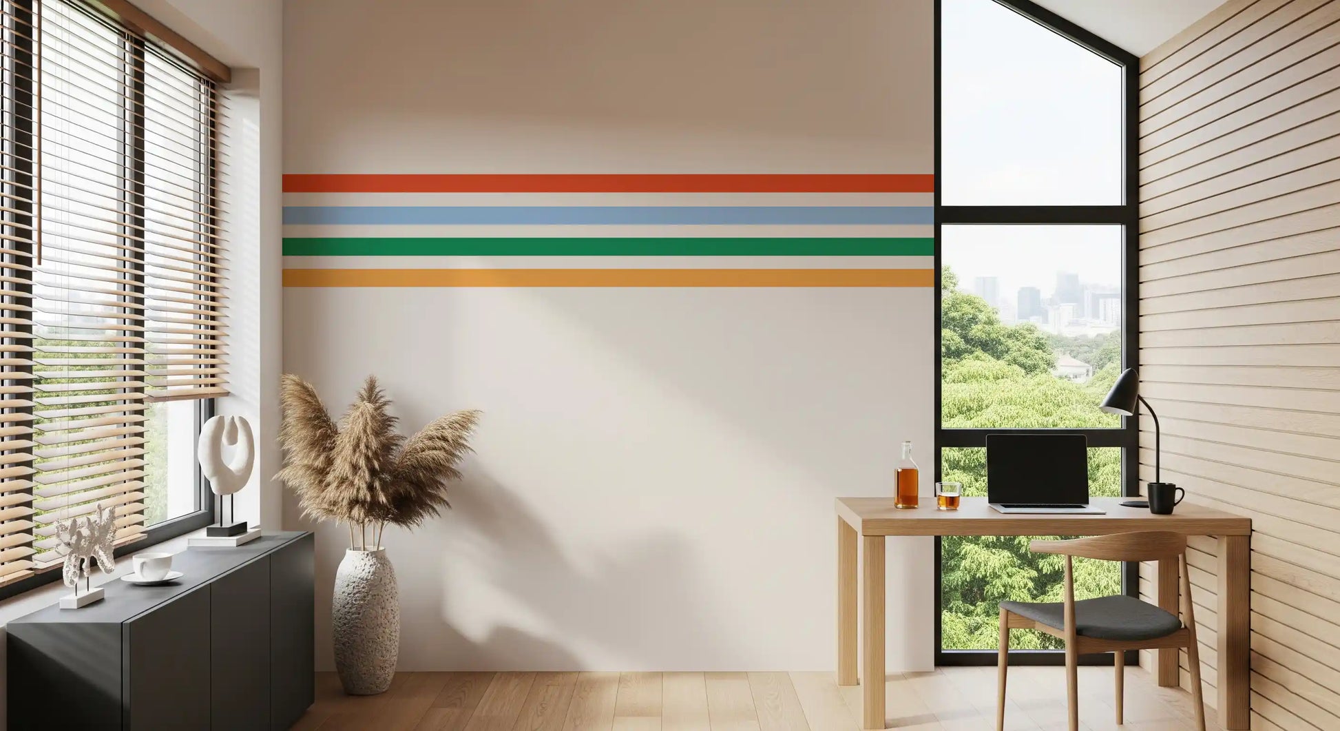 Cream base holding bright bands across Horizontal Stripes wall mural layout