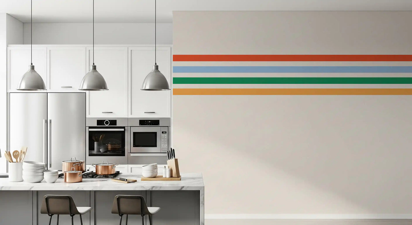 Kitchen area feature wall set with Retro Vibe Stripes wall mural in cream backdrop