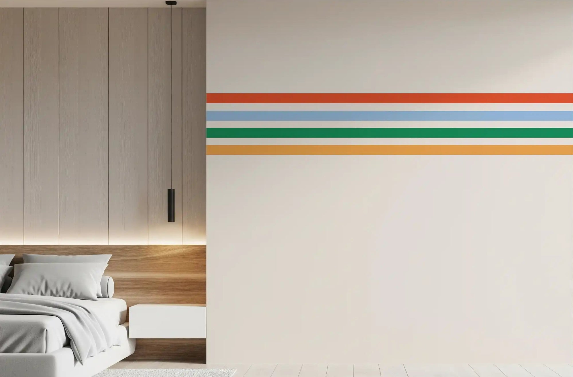 Bedroom wall finished in Retro Vibe Horizontal Stripes wall mural with bold bands