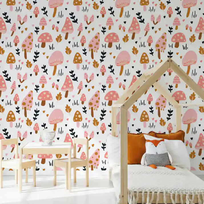 Bedroom wall showing Sweet Woodland Mushrooms wallpaper with pink toadstools