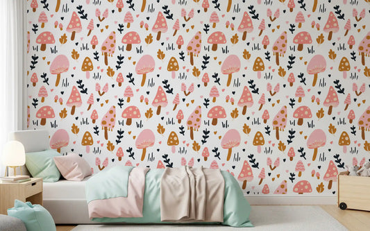 Bedroom feature wall printed in Sweet Woodland Mushrooms wallpaper artwork