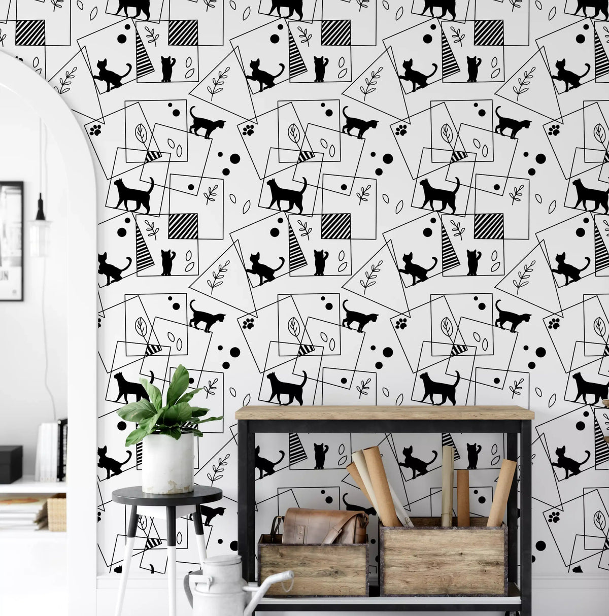Home office corner wrapped in Geometric Cats wallpaper sketch design
