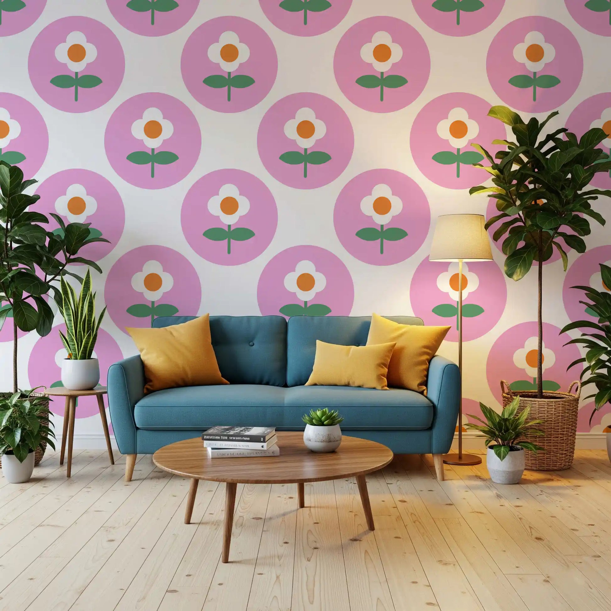 White petals and orange centres on Retro Daisy Circles wallpaper