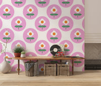 Green leaves under daisies shaping Retro Daisy wallpaper print
