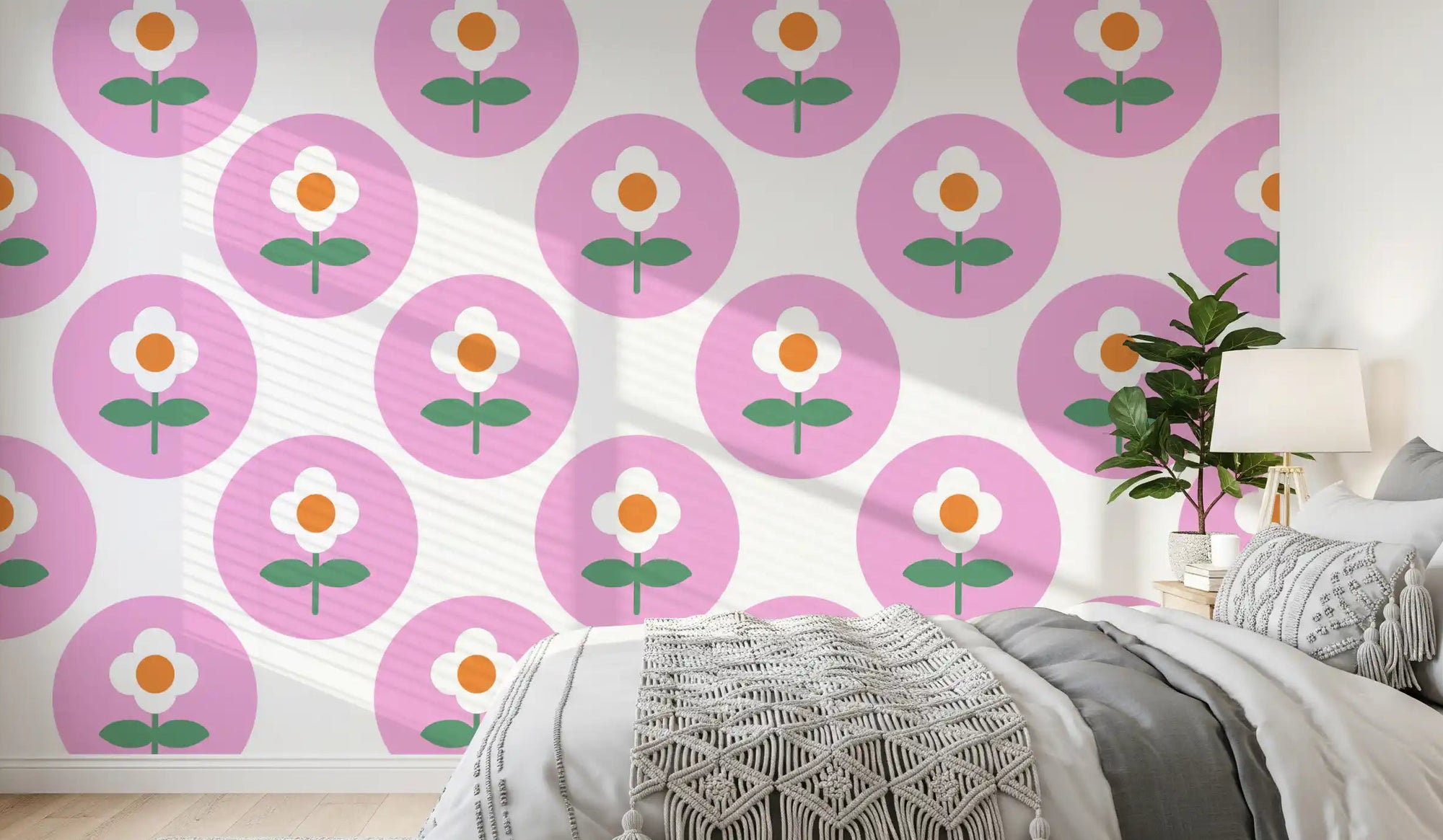 Bedroom backdrop styled in Retro Daisy Circles wallpaper print