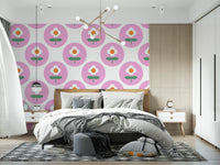 Bold daisy motif inside pink dots on Retro Circles wallpaper