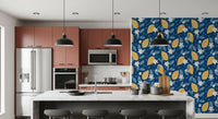 Home corner set with Lemon Orchard wallpaper and leaves