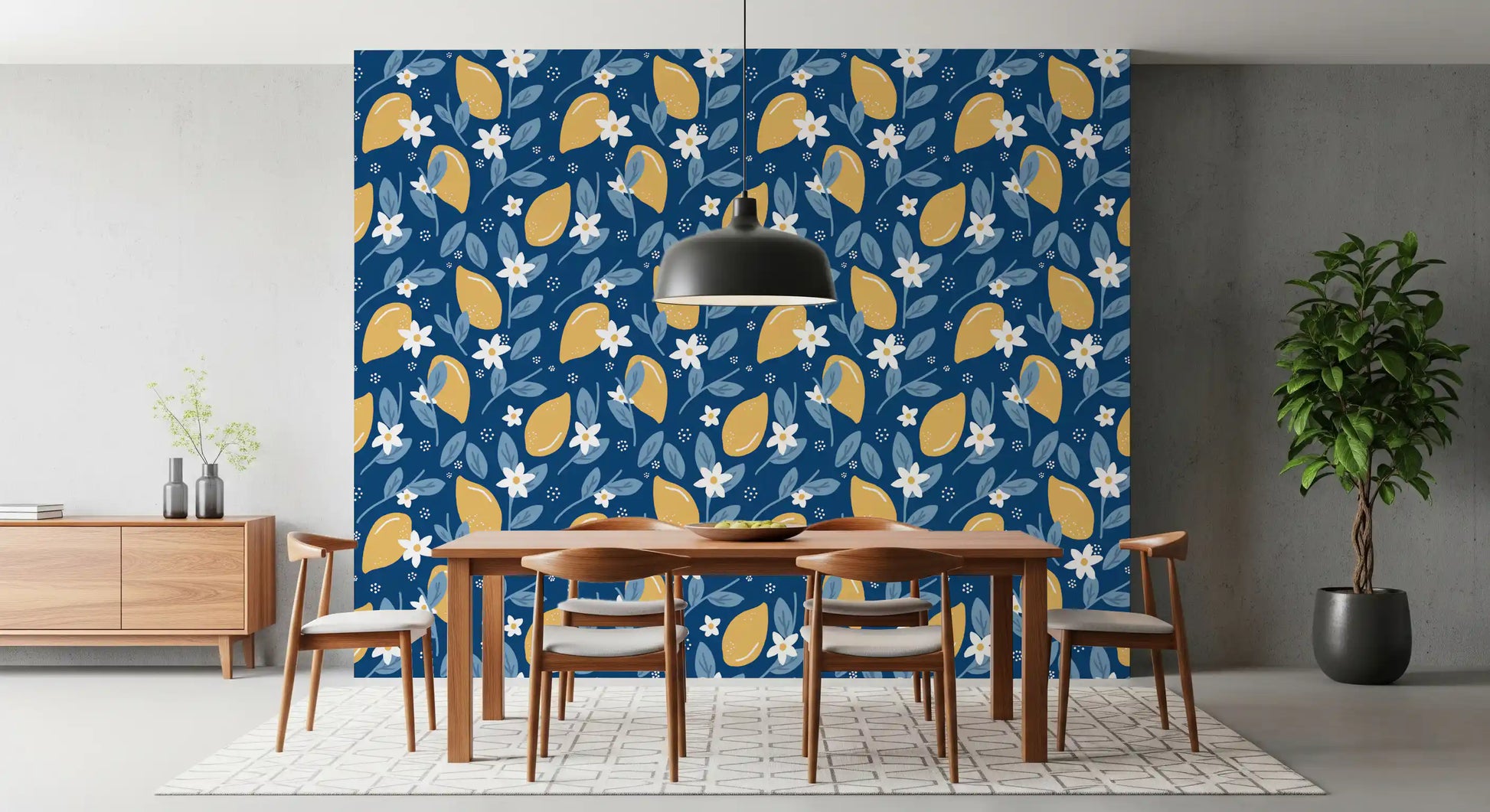 Dining room backdrop styled with Lemon Orchard wallpaper navy base 