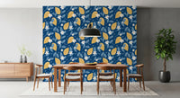 Dining room backdrop styled with Lemon Orchard wallpaper navy base 