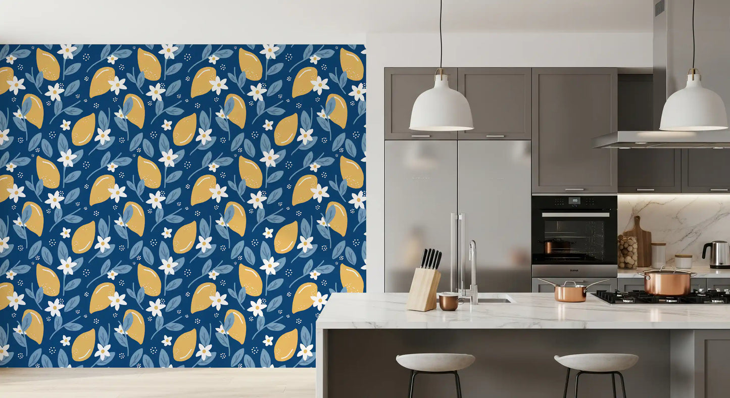 Kitchen dressed in Lemon Orchard wallpaper with citrus blossoms 
